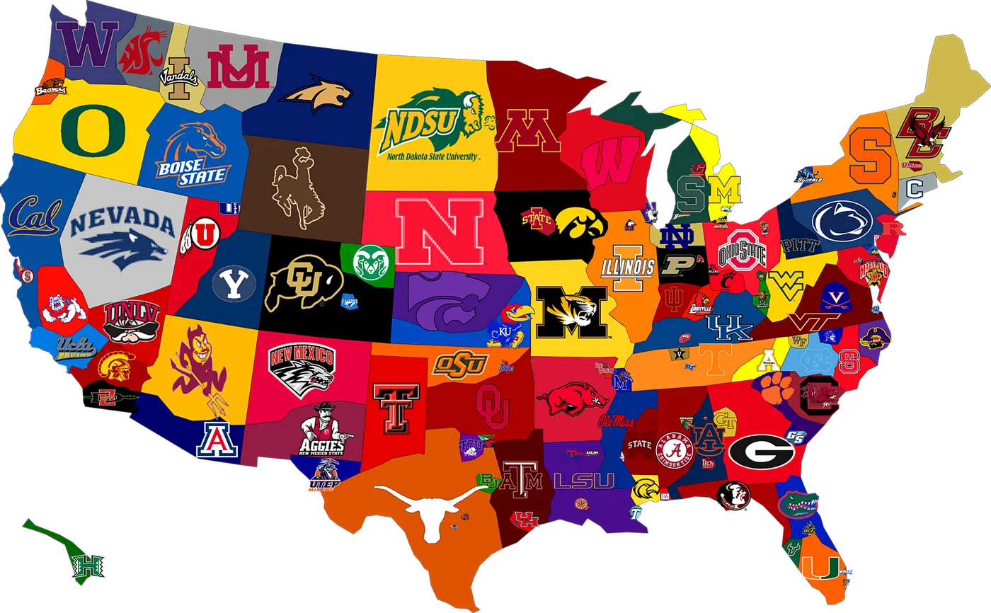 Map of the United States made of college logos, with pins on every TOUR stop since 2022